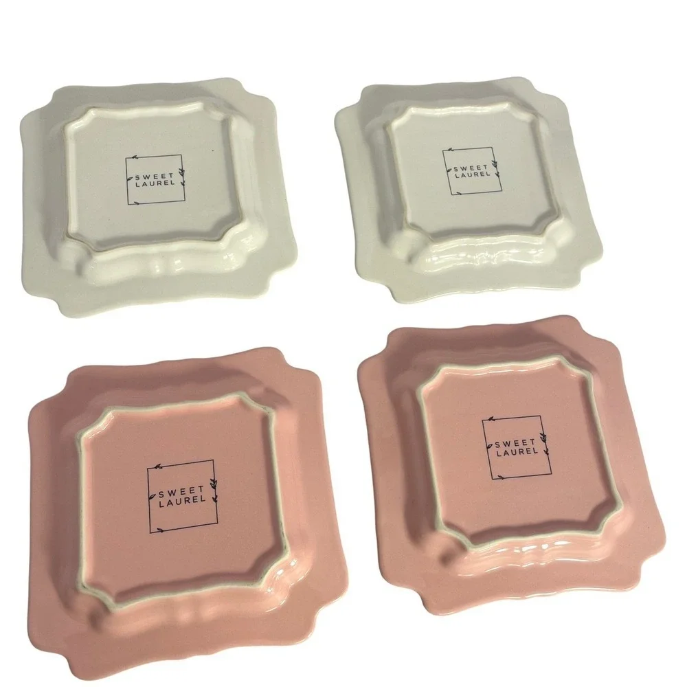 Sweet Laurel Dessert Plates 4 Square Scalloped Pink‎ & Floral Ceramic 6.5